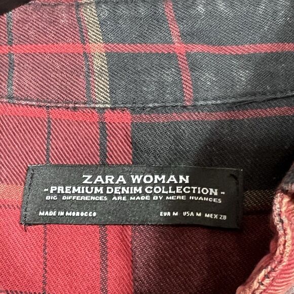 Zara Shirt Womens Medium Red & Black Plaid Button Up High Low Stud Accent Ruffle - Picture 9 of 11
